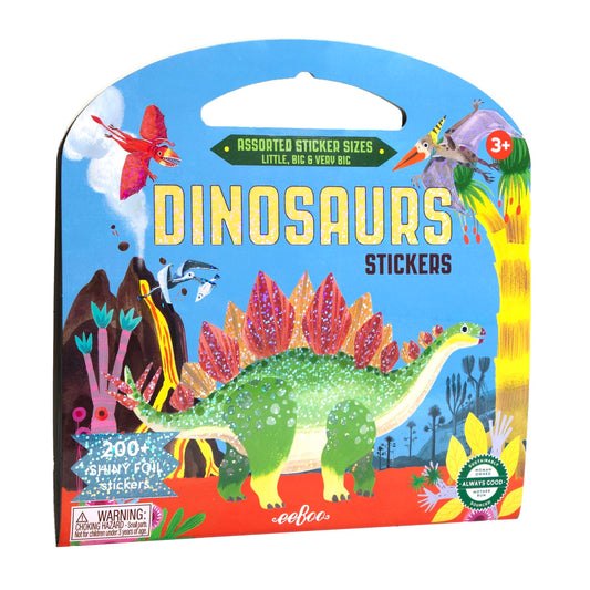 eeBoo: Dinosaur Shiny Sticker Book - 200+ Sparkling Stickers in 3 Sizes, Little-Big-Very Big, Carry Handle, Rainbow Foil, Kids Ages 3+