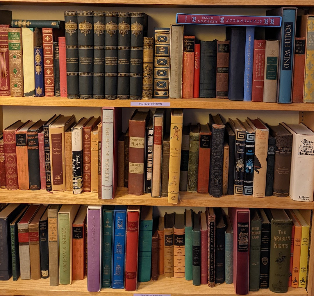 Vintage classics, fiction, stories, and plays on three shelves